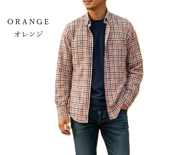 【メンズ】ふんわり暖か 起毛素材 綿混 長袖シャツ チェック柄シャツ （M）オレン...