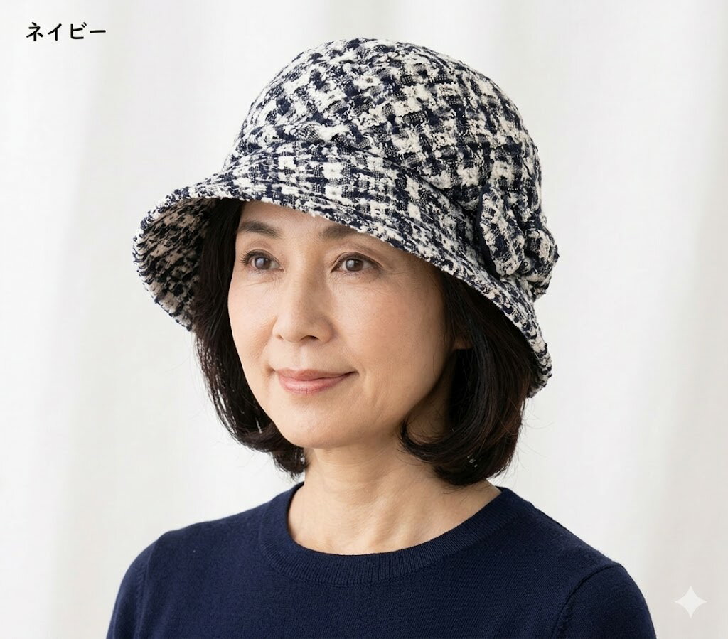 Rakuten - ＜安心の日本製＞サイズ調整可 リボン付きツイード帽子（M：頭囲 約57cm）ネイビー