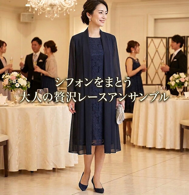 Rakuten - 在庫限り 軽やかロングジャケットレースワンピースアンサンブル（7AR）ネイビー【2点セット】結婚式 パーティー フォーマル エレガント 上品
