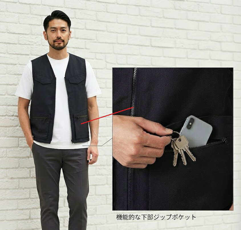 【お買い物マラソンSALE】半額！550円→275円【メンズ】軽量 ワーク風ベスト カジュアルベスト アウトドア（M|L|LL|3L）ブラック カーキ 2色【春夏】紳士 大きいサイズ 多ポケット 釣り アウトドア 旅行 ミリタリー お洒落 ＜コムルヴァン・オム＞ style-cafe-10070861 Style Cafe サンプル画像3
