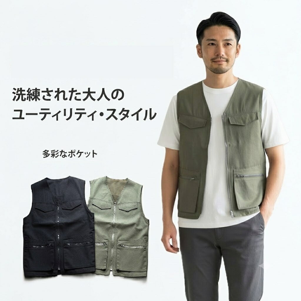【お買い物マラソンSALE】半額！550円→275円【メンズ】軽量 ワーク風ベスト カジュアルベスト アウトドア（M|L|LL|3L）ブラック カーキ 2色【春夏】紳士 大きいサイズ 多ポケット 釣り アウトドア 旅行 ミリタリー お洒落 ＜コムルヴァン・オム＞ style-cafe-10070861 Style Cafe パッケージ画像