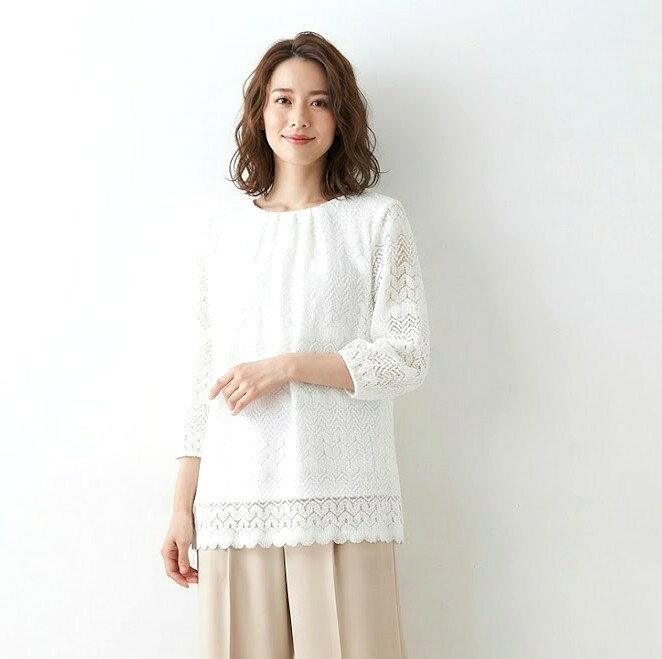 【お買い物マラソンSALE】 大人の肌を美しく魅せる バルファス編レース ブラウス 7分袖 （M～LL）オフホワイト ブラック 2色【春夏】 style-cafe-10065174 Style Cafe サンプル画像3