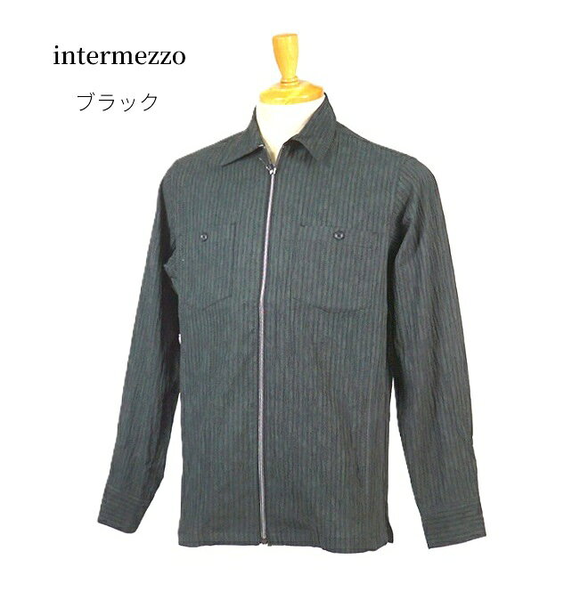 【メンズ】＜ intermezzo＞【播州織 生地】キシリトールの清涼感 ストライプ ジップアップ ブルゾン ジャケット （S|M|L|LL|3L）ホワイト・ブラック 2色【春秋】紳士用 綿混 カジュアル インターメッツォ　大きいサイズ