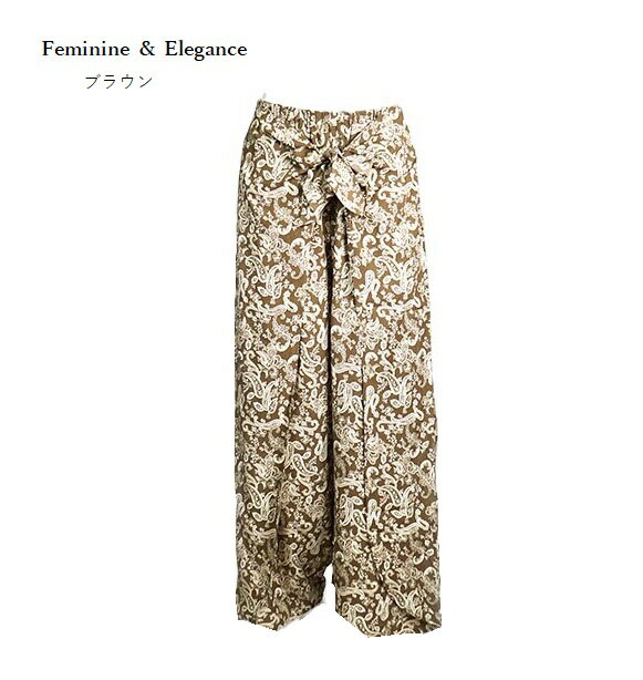 Cropped Pants - 大人のペイズリー 巻きスカート風ワイドパンツ 股下67cm (M) ブラウン