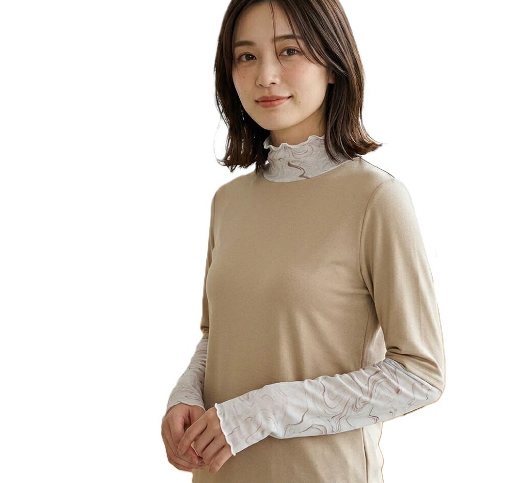 Rakuten - 【お買い物マラソンSALE】1枚で着映える シアー使い レイヤード風 ハイネックシャツ （M-L）ベージュ【春夏】カットソー 綿素材 重ね着風トップス