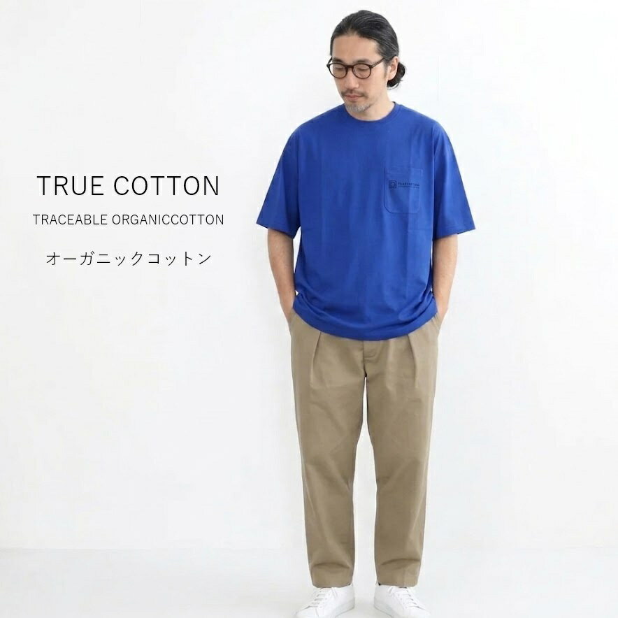 Rakuten - 【メンズ】＜TRUE COTTON＞綿100％ オーガニックコットン 5分袖Tシャツ 胸ポケット付 （S|M|L）ブルー【春夏】紳士 半袖Tシャツ