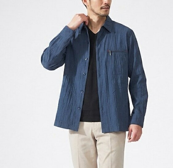Rakuten - 【メンズ】サラリとした肌触り 軽量ワッシャー シャツ ジャケット （M|L|LL|3L）ネイビー【春夏】紳士用 ファスナー胸ポケット 夏用ジャケット
