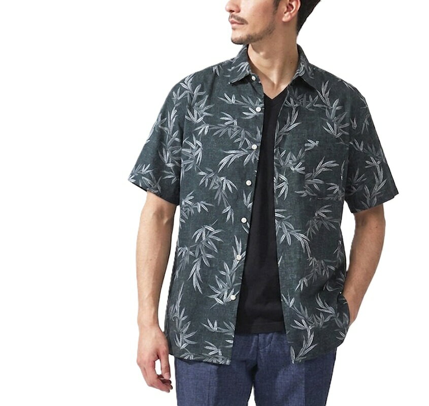 【メンズ】さらっと快適 和柄シャツ 吸汗速乾 半袖シャツ (S|M|L）ブラック/笹【春夏】紳士用 和柄 アロハシャツ 父の日 プレゼント 贈り物