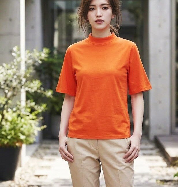 Rakuten - 綿100％ ゆるハイネック ヒンヤリ制菌加工 プルオーバー （L）プラム 【春夏】UVカット 接触冷感 ボトルネック カットソー 5分袖 Tシャツ