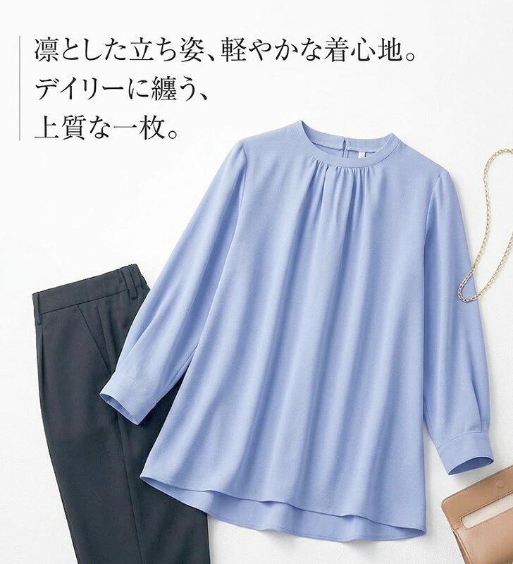 ＜夏物処分 セール＞半額！ 軽やかな着心地 ビンテージ調 衿リブ使い ブラウス 七分袖（M|L|LL|3L|4L）オフホワイト・サックス・チャコール 3色 【春夏】 style-cafe-10070216 Style Cafe サンプル画像2