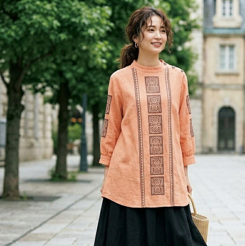 ＜夏物処分 セール＞エスニック柄刺繍 インド綿スラブ調素材 シャツ （M～5L）オレンジ 【春夏】幾何柄 刺しゅうブラウス style-cafe-10070385 Style Cafe サンプル画像3
