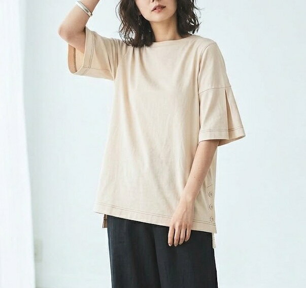 Rakuten - ひんやりキシリトール加工 綿100％ プルオーバー 半袖Tシャツ カットソー （M）ベージュ系 ブラック系【春夏】 サイドボタン