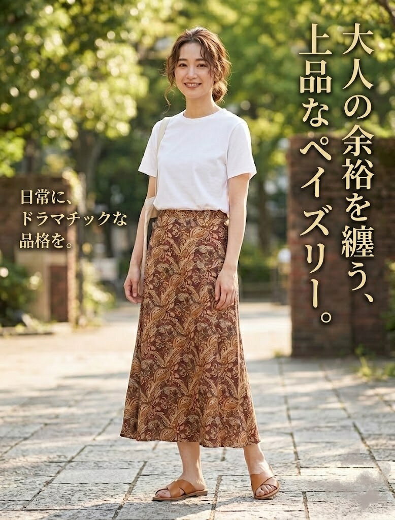 Rakuten - 【お買い物マラソンSALE】ペイズリー柄 切替デザインスカート （S) ブラウン【春夏】フレアロング マキシ丈