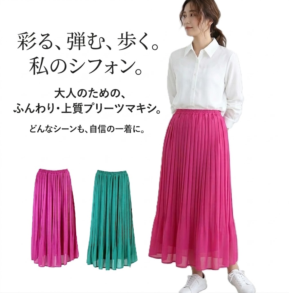 Rakuten - ふんわり風に揺れる プリーツデザインカラースカート ウエスト総ゴム （M L）ピンク グリーン 2色