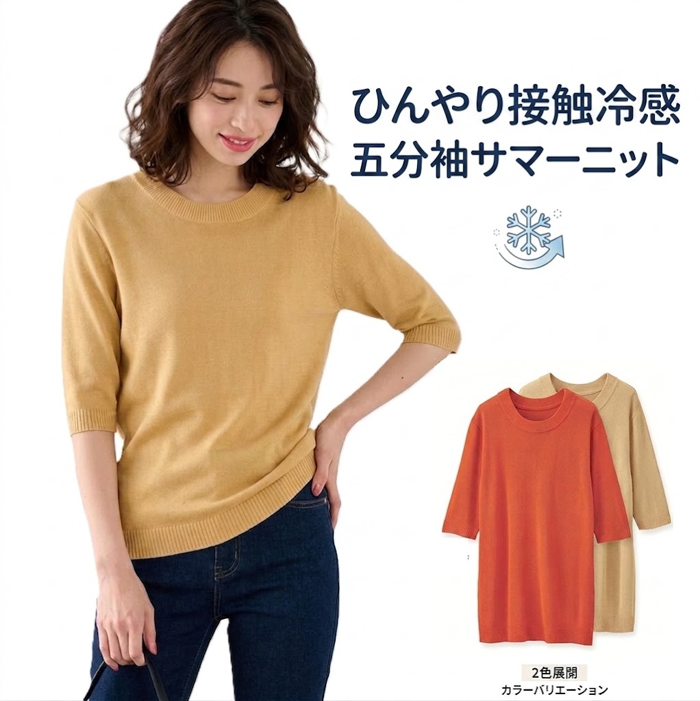 Rakuten - サマーニットできれい見え ひんやり！五分袖ベーシック ニット プルオーバ （M|L|LL） ベージュ オレンジレッド 2色【春夏】接触冷感