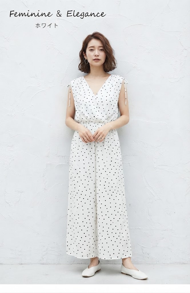 ＜夏物処分 セール＞半額！ドット柄デザイン サロペットパンツ オールインワン 股下約59cm（M～3L）オフホワイト【春夏】大きいサイズ 水玉 ワイドパンツ style-cafe-10071198 Style Cafe パッケージ画像