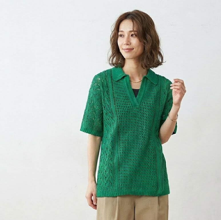＜夏物処分 セール＞半額！ 上品な透け感 衿付 サマーニット プルオーバー 半袖（M|L）グリーン 【春夏】半袖ニット style-cafe-10065093 Style Cafe パッケージ画像