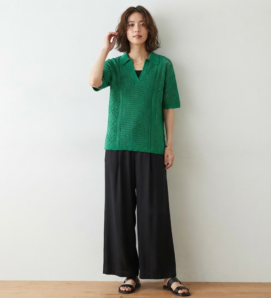 ＜夏物処分 セール＞半額！ 上品な透け感 衿付 サマーニット プルオーバー 半袖（M|L）グリーン 【春夏】半袖ニット style-cafe-10065093 Style Cafe サンプル画像3