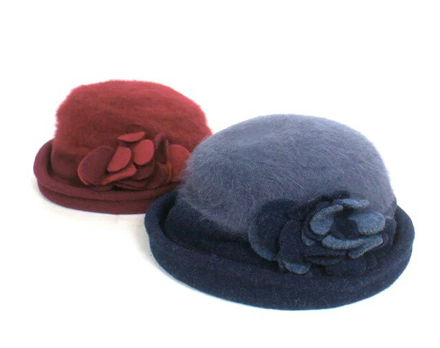 【冬物処分】ふんわり暖かい　アンゴラ入ウール使い花モチーフクロッシェ　帽子 （フリーサイズ）ブルー【秋冬】...