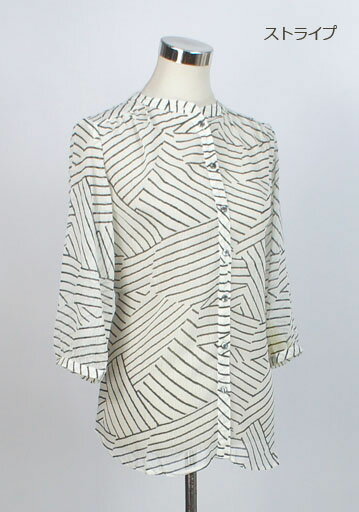 涼感漂う　楊柳シフォン素材　プリントオーバーブラウス　7分袖（M）ストライプ柄・アニマル柄・小紋柄　3色【お買い物マラソン協賛ポイント最大45．5倍！】