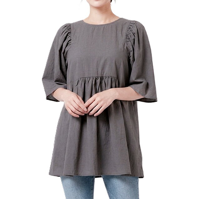 3-Quarter Sleeves - 接触冷感 UVカット ワッシャー素材フレアーチュニック 5分袖（M）チャコールブラウン【春夏】