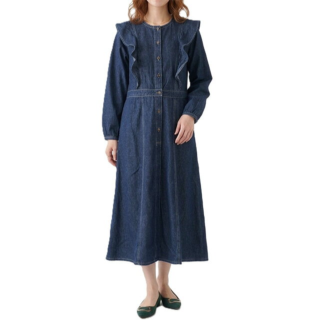 樂天商城 - 綿100％ フリル使いデニムワンピース フレアシルエット 大人のきれいめワンピ（M L）インディゴ