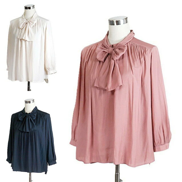 Long-Sleeved - 大人可愛い ボウタイデザインブラウス さらり滑らかな肌心地のジョーゼット素材 （M L）ピンク トープ ネイビー 3色