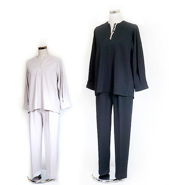 < 2点セット>キレイ見えが叶う 快適ストレッチ!パール調デザインセットアップ ブラウス+パンツ 上質ツイルカットジョーゼット(M〜5L) ブラック グレイッシ...
