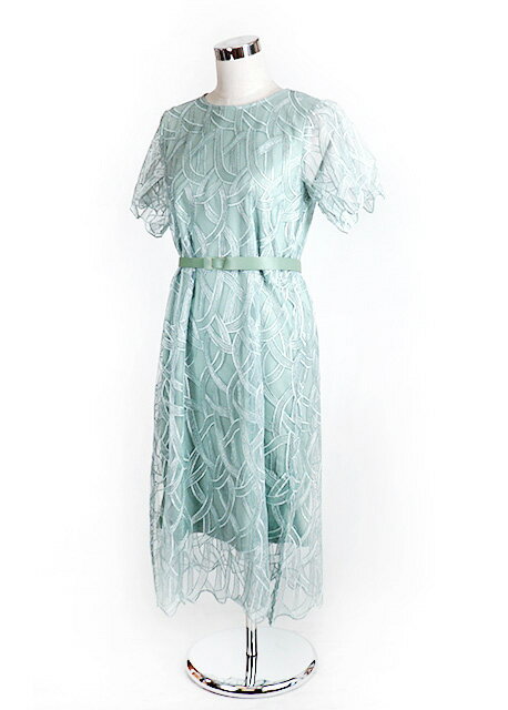 涼やかエレガント 異素材ベルトレースワンピース スカラップレースが可愛い ドレス パーティー 結婚式 ..