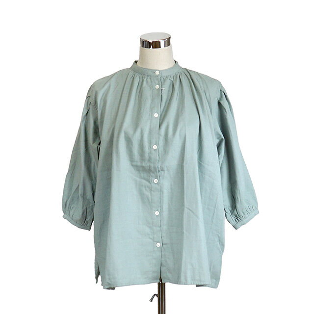 【秋冬もの入荷】綿100％ ゆったりバンドカラーブラウス 8分袖（M～LL）セージ