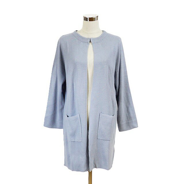 上質 ミラノリブ ニット ノーカラー ロング カーディガン ジャケット風カーディガン（M|L|LL|3L|4L|5L|）サックス大きいサイズ