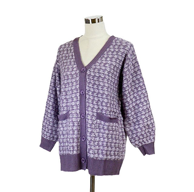 大人っぽい印象のツイード調 ニットカーディガン ゆったりシルエット（M L）ラベンダー系