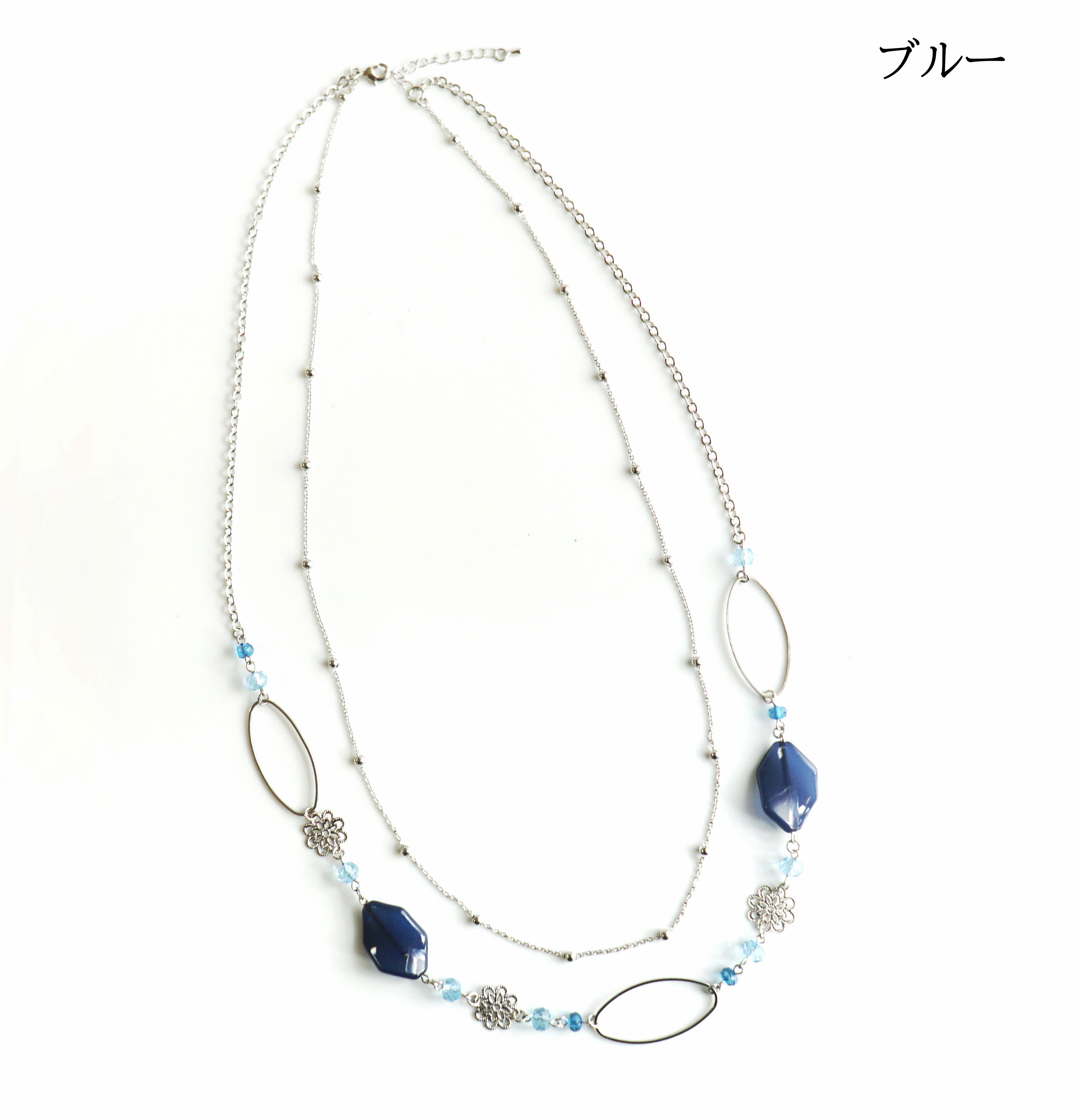 ファッションのアクセントに～ フラワーモチーフパーツ使い2連ネックレス デザインネックレス　ブルー パープル オレンジ　3色