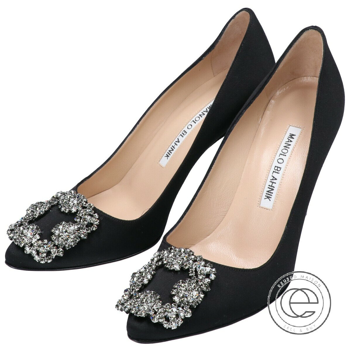 【楽天市場】MANOLO BLAHNIK マノロブラニク HANGISI ハンギシ サテン/ビジュー ヒール パンプス 34 1/2 ブラック レディース 【中古】：ブランドリサイクル エコスタイル