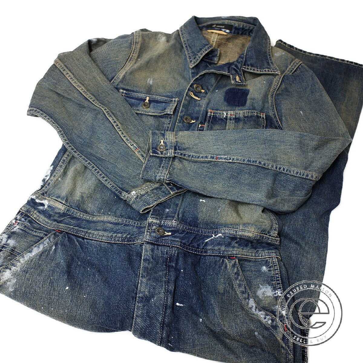 JOHNBULL ジョンブル 11441 ペンキ/USED加工 デニムオールインワン/エンジニアオーバーオール スーツ S インディゴブルー メンズ 【中古】