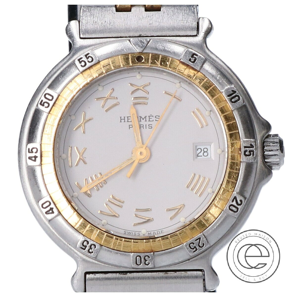 HERMES エルメス Captain Nemo キャプテン・ニモ 回転ベゼル 10 ATU クオーツ 腕時計 シルバー/ゴールド レディース 【中古】