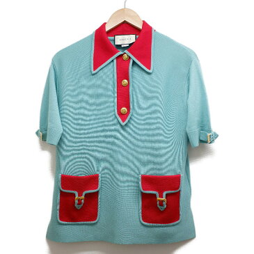 GUCCI グッチ 【国内正規】ウール GG金釦 バイカラー 襟付五分袖ニット トップス XS グリーン/レッド レディース 【中古】