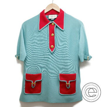 GUCCI グッチ 【国内正規】ウール GG金釦 バイカラー 襟付五分袖ニット トップス XS グリーン/レッド レディース 【中古】