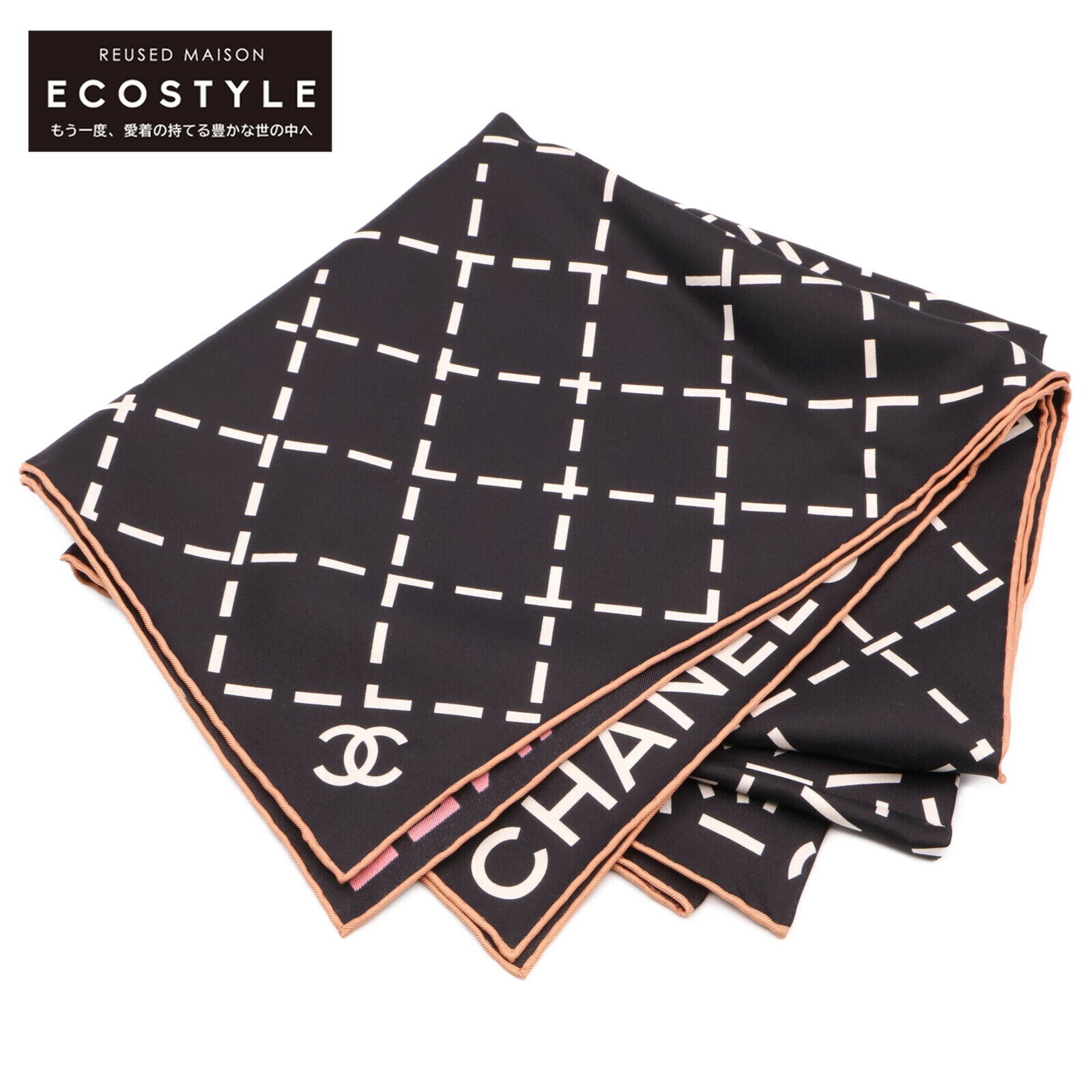 【中古】CHANEL シャネル ロゴ シルク100% スカーフ ブラック レディース 