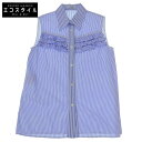 MIUMIU ミュウミュウ 美品 MIU MIU ミュウミュウ コットン ストライプ ノースリーブ シャツ トップス レディース ブルー ホワイト 40 MK1...