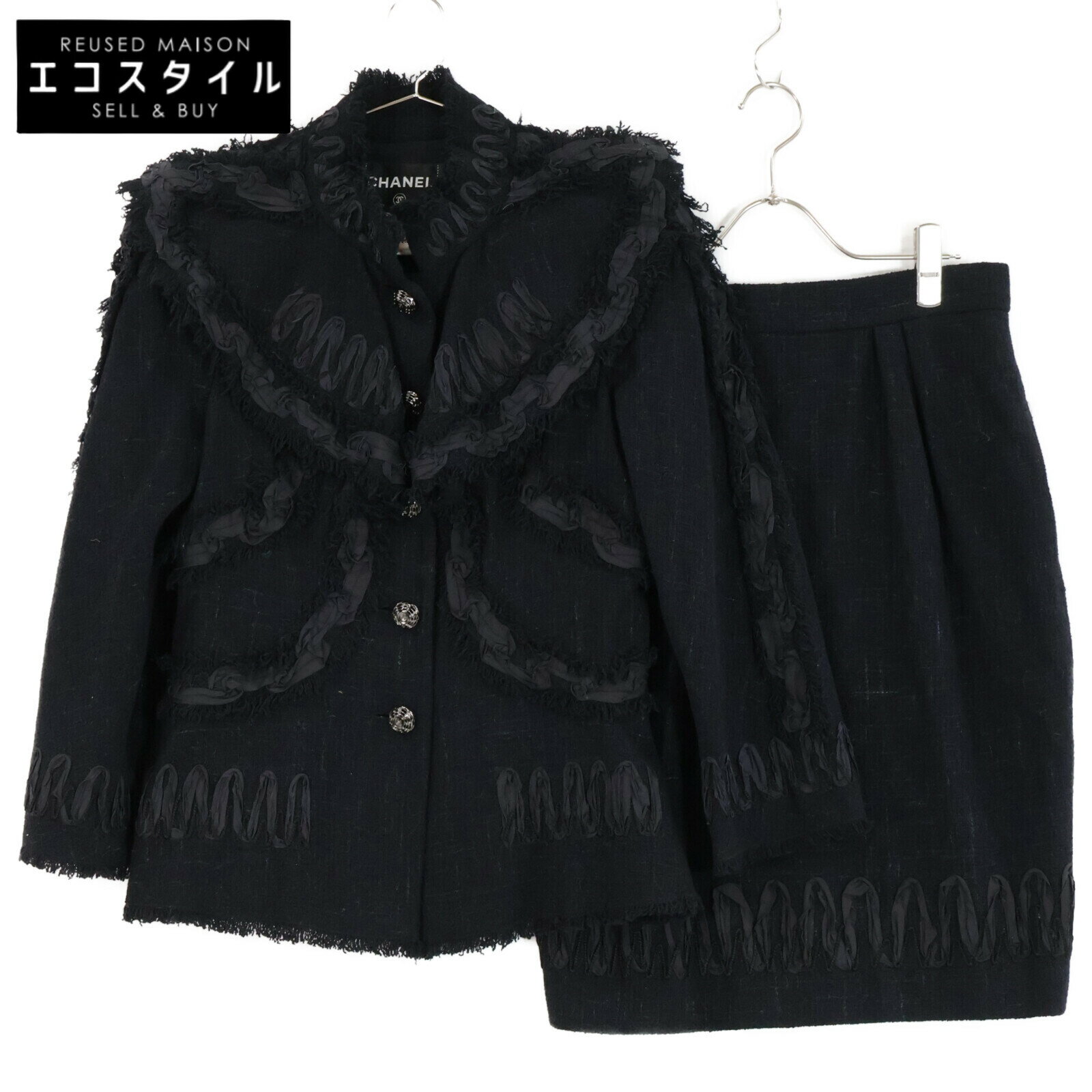 CHANEL シャネル 【美品】09P P34946V22979 カメリアモチーフボタン ツイードジャケット/スカート セットアップ 38 ブラック レディース 【中古】