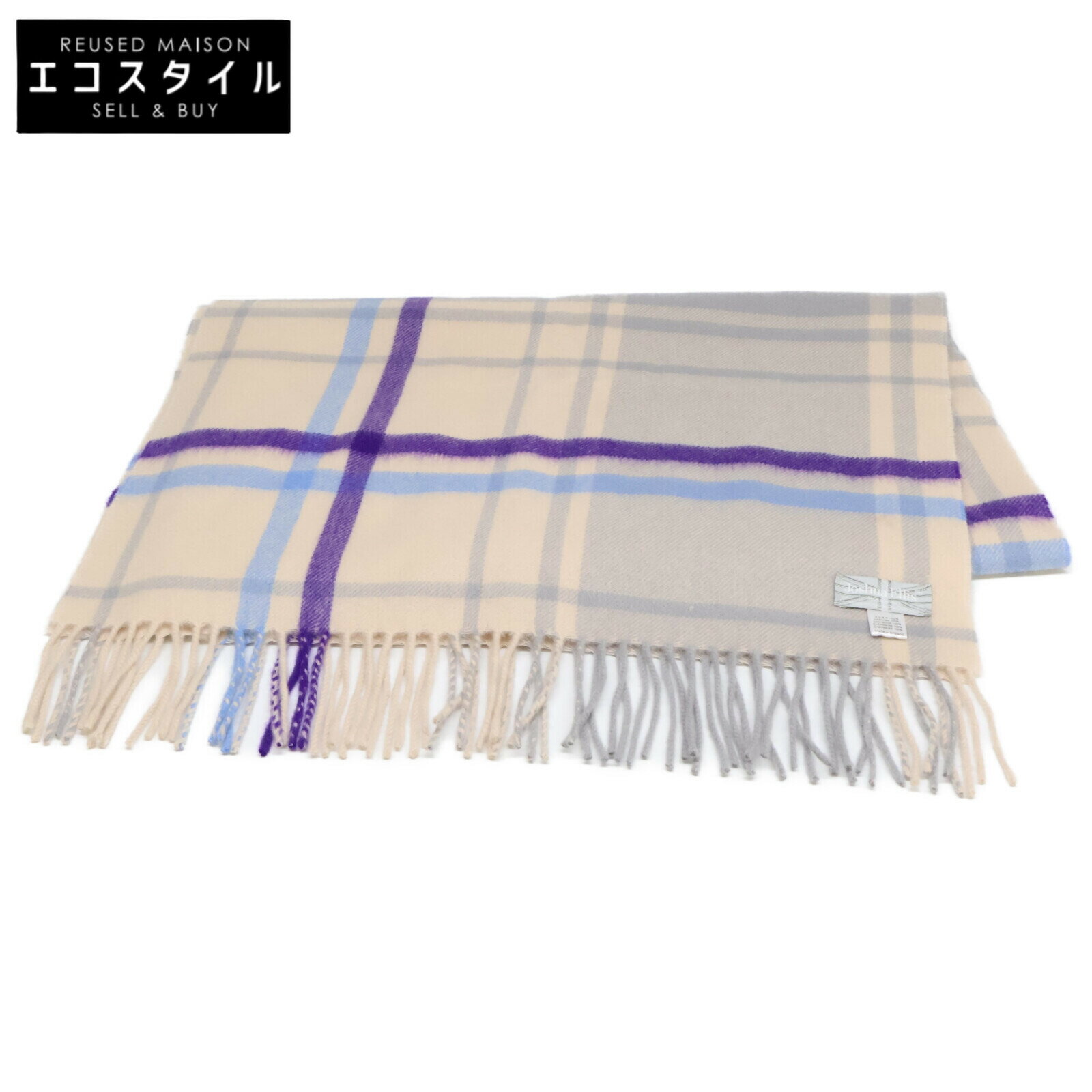 Joshua Ellis ジョシュアエリス 【美品/24AW】CPG52303 プライマリーブラックウォッチ カシミヤ100% フリンジ マフラー ベージュxパープル レディース 【中古】