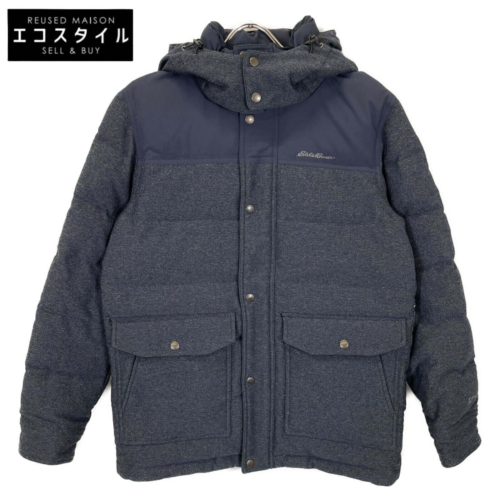 Eddie Bauer エディーバウアー ネイビー ヘリンボーンウール ダウンジャケット ジャケット S ネイビー グレー メンズ 【中古】