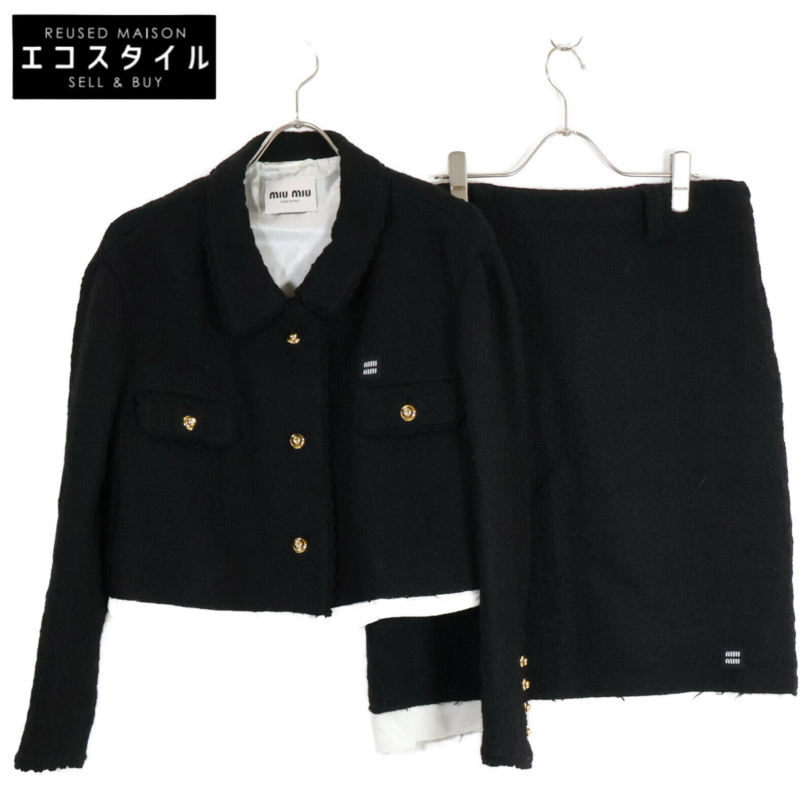 MIUMIU ミュウミュウ 美品 国内正規 22年 ツイード ショートジャケット&スカート スーツ セットアップ 38/40 ブラック レディース 【中古】