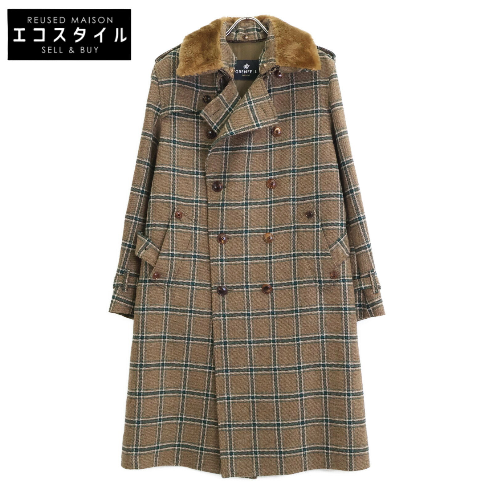 GRENFELL グレンフェル 【美品】チェック ファーカラー付 ダブル コート 38 ブラウン メンズ 【中古】