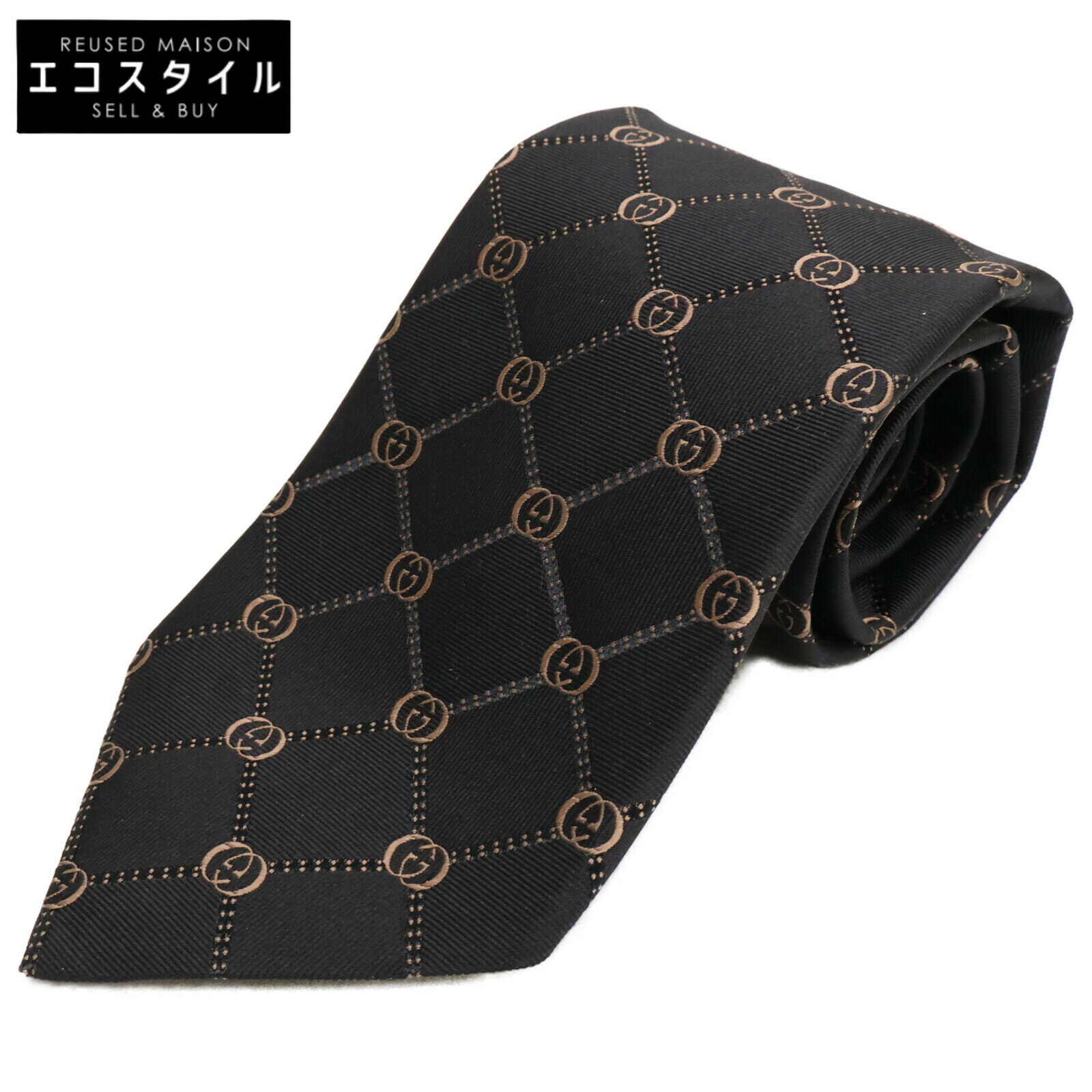 GUCCI グッチ 【美品】147206 4G002 GG柄 シルク ネクタイ ブラック系/ブラウン系 メンズ 【中古】