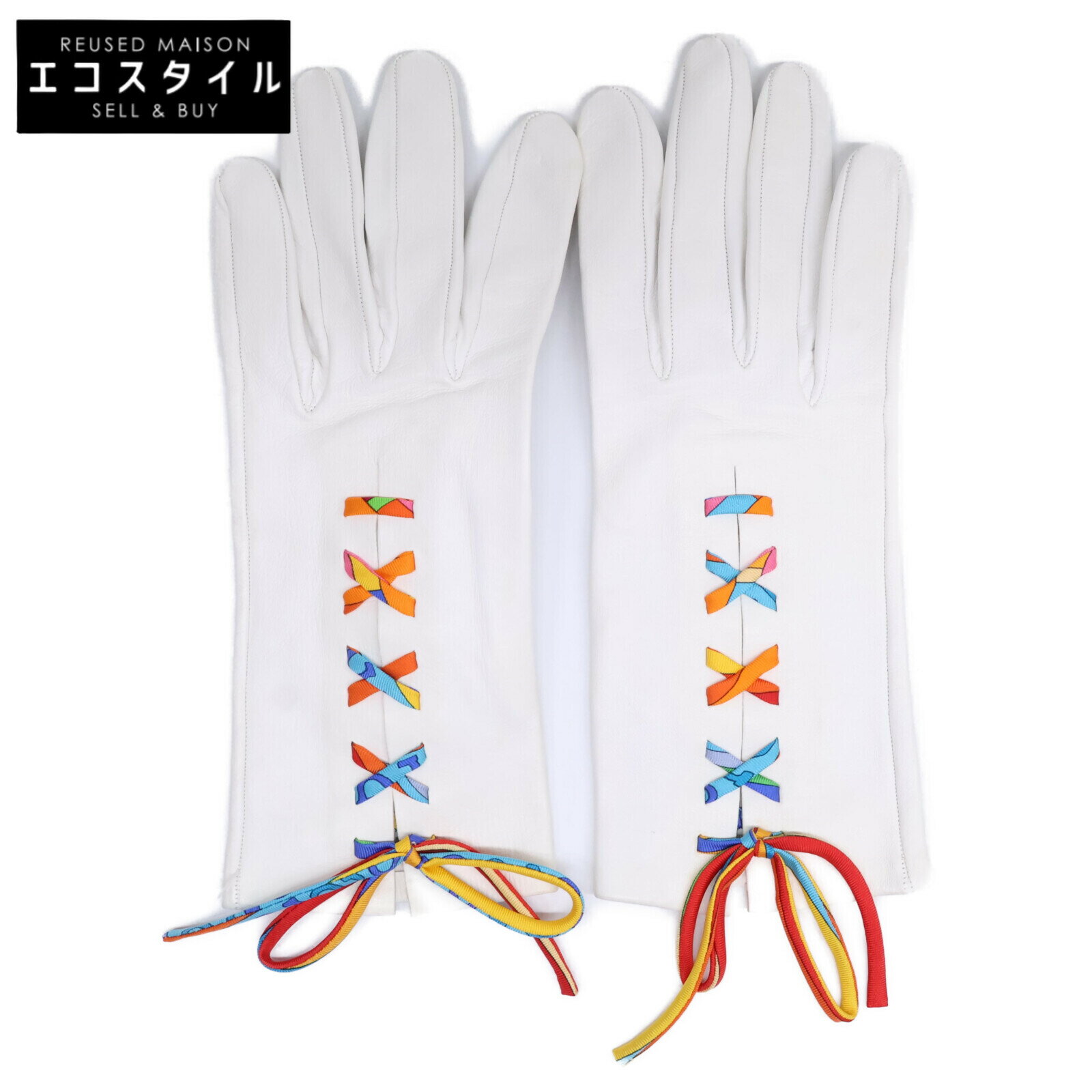 HERMES エルメス シルクリボン ラムレザー グローブ 8 ホワイト レディース 【中古】