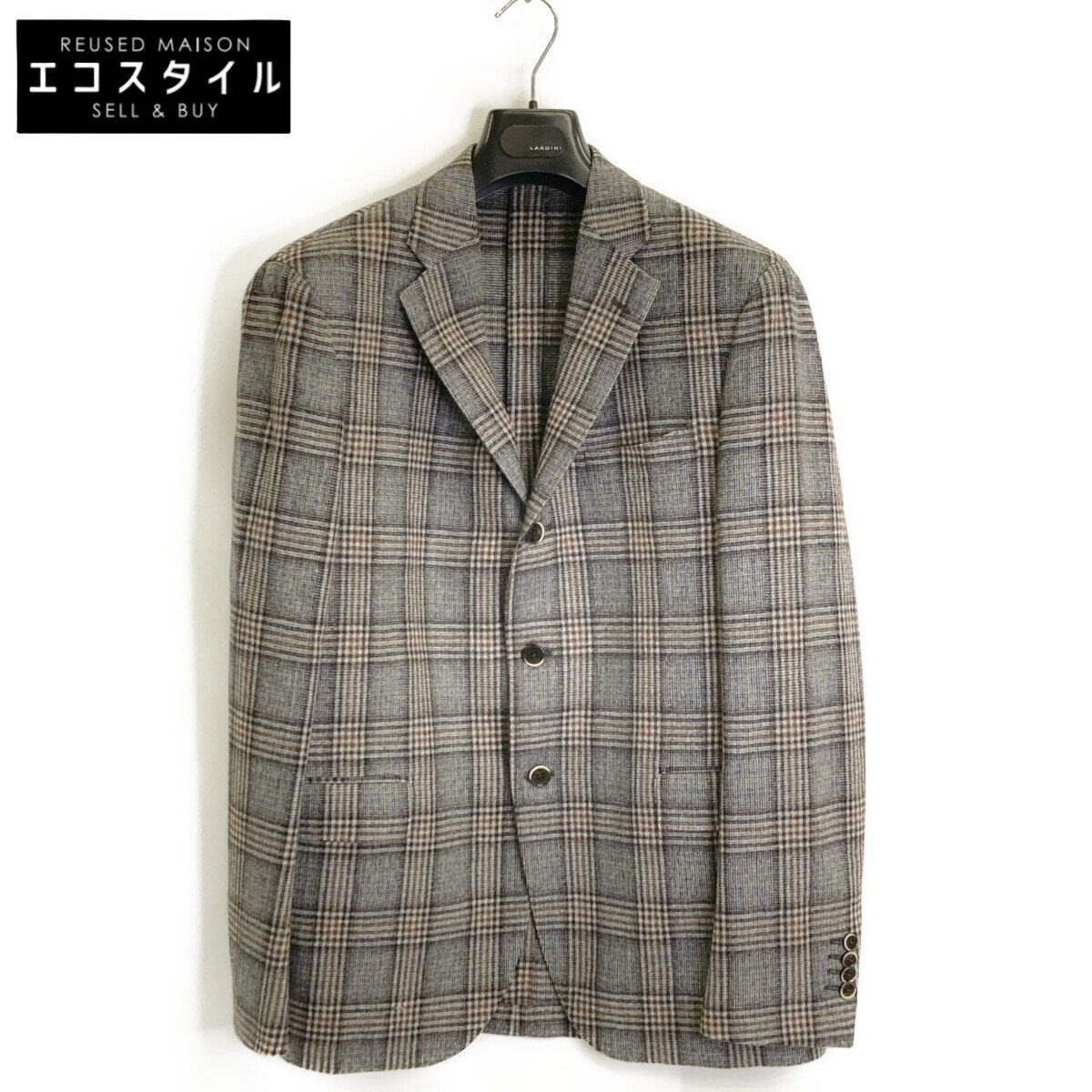 新品 最新 LARDINI 春夏テーラード リネン混 チェック グレージュ 50 7765400000094743-1w.jpg