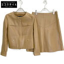 LOEWE ロエベ ベージュ ラムレザー ダブルジップ ノーカラージャケット セットアップ スーツ 38 キャメル レディース 【中古】