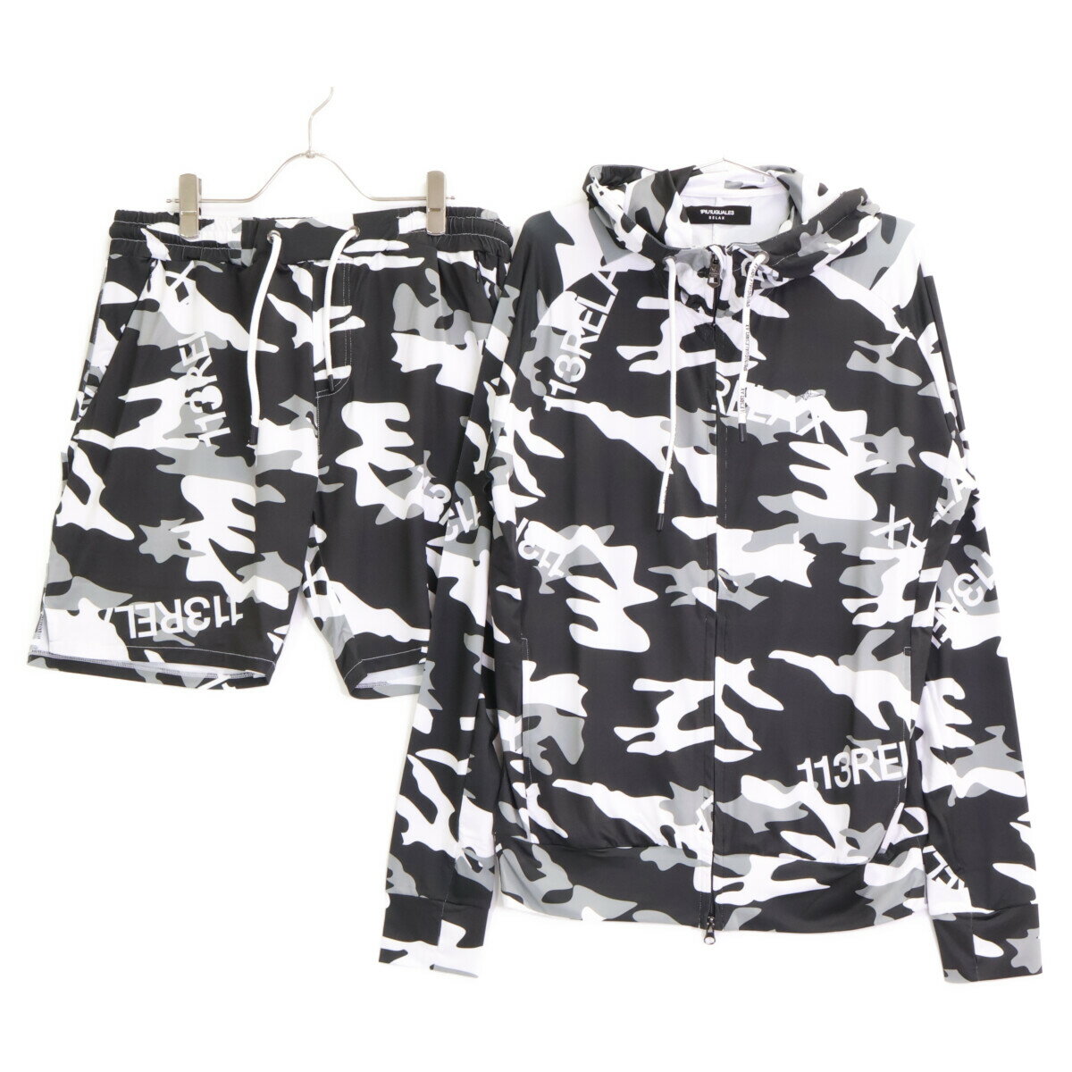 1piu1uguale3 ウノピゥウノウグァーレトレ 【RELAX】ブラック カモ柄 ラッシュガードパーカー ショートパンツ セットアップ スーツ XL／L ブラック メンズ 【中古】